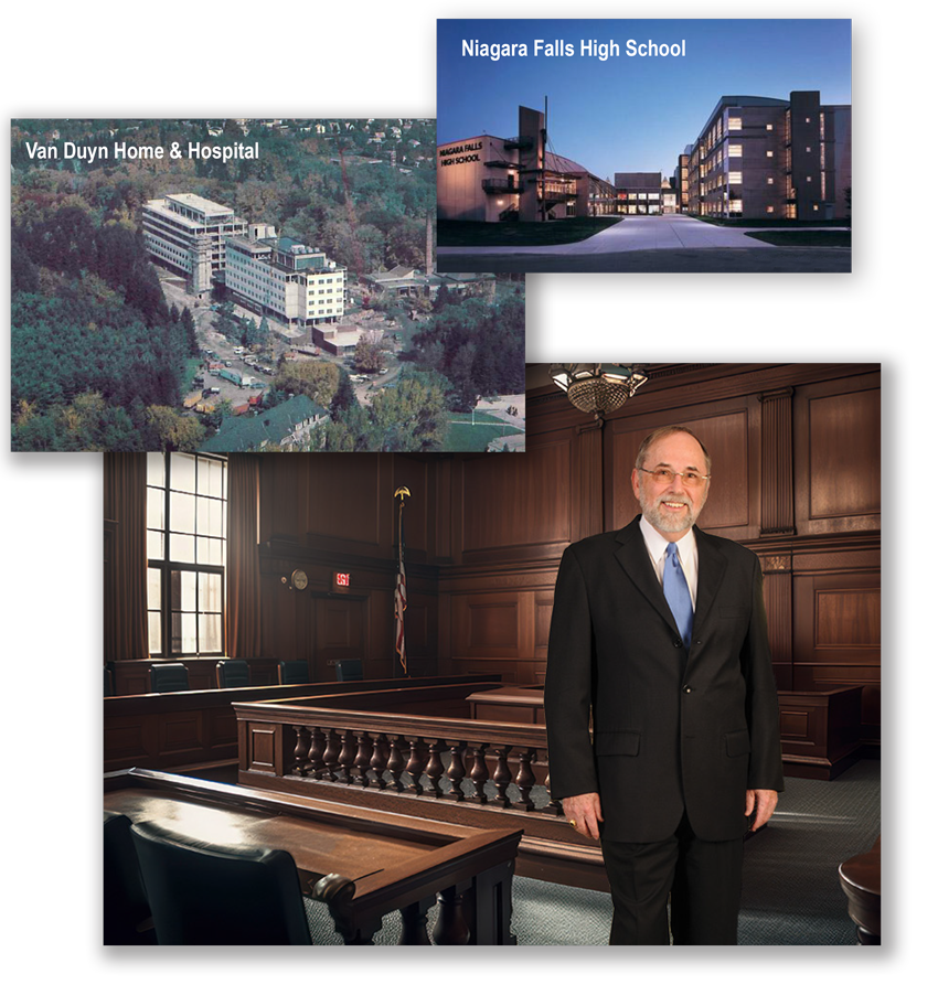 Three images, David in the Courtroom, Niagara Falls High School, and Van Duyn Home and  Hospital